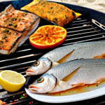 A vibrant spread of grilled fish seasoned with sea salt and pepper, alongside steamed fish with local spices, presented on a beach barbecue setting in Nauru. Capture the essence of simple, fresh seafood preparation.