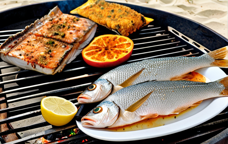 A vibrant spread of grilled fish seasoned with sea salt and pepper, alongside steamed fish with local spices, presented on a beach barbecue setting in Nauru. Capture the essence of simple, fresh seafood preparation.